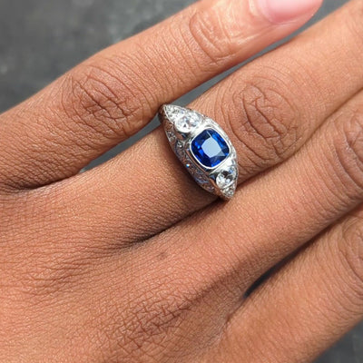 Edwardian 1.98 CTW No Heat Sapphire Diamond Platinum Antique Foliate Ring GIA