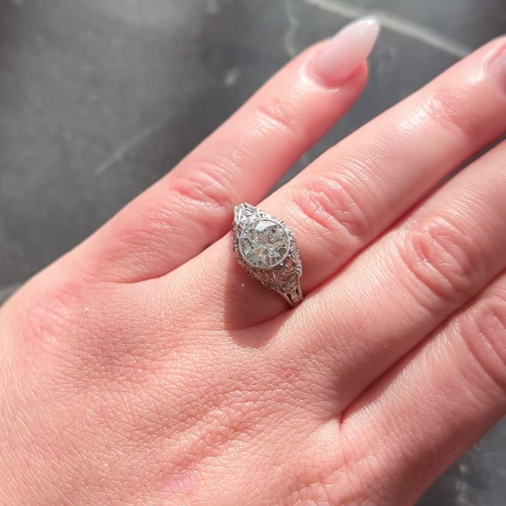 Art Deco Old European Cut Diamond Platinum Tulip Vintage Engagement Ring