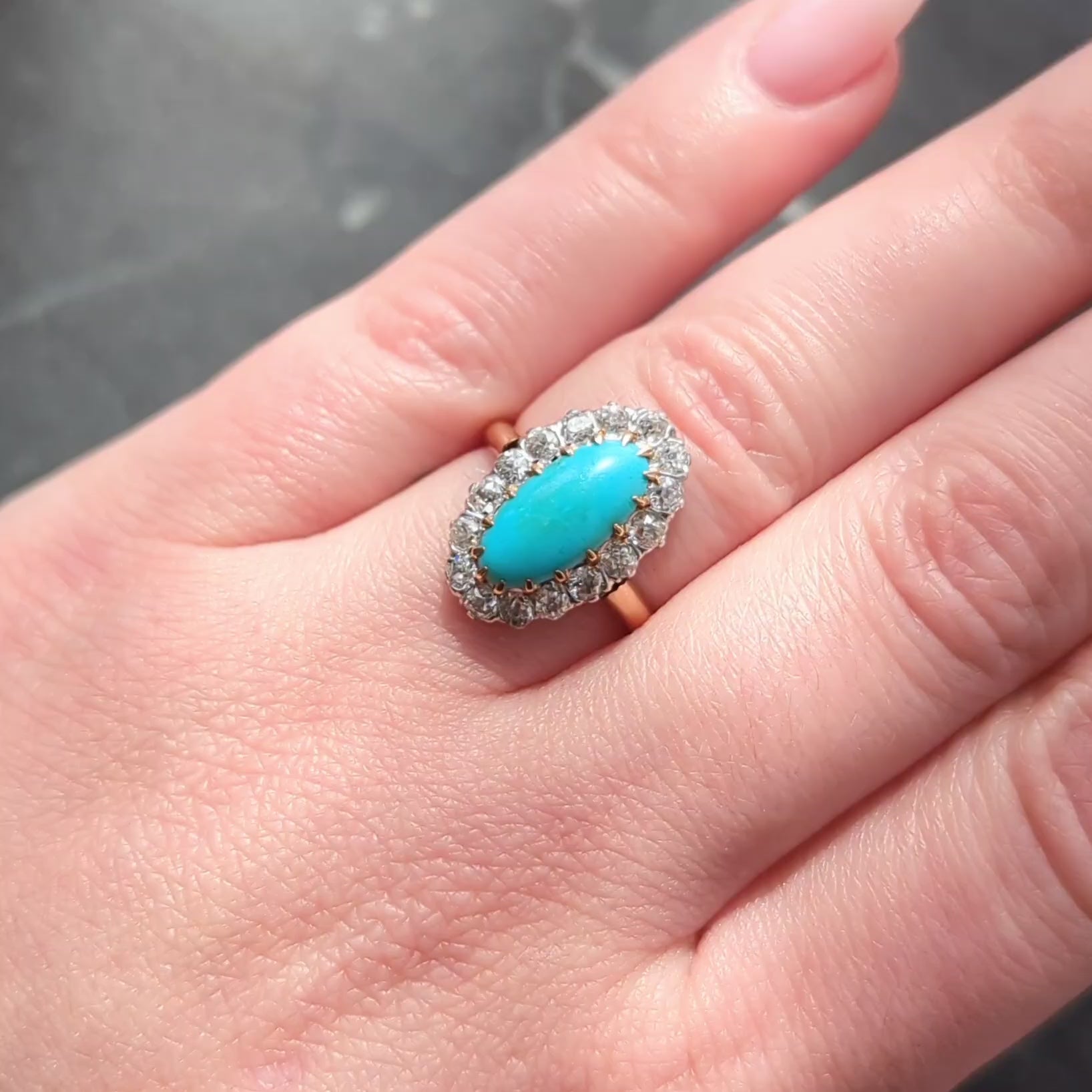 Edwardian Diamond Turquoise Platinum 14 Karat Yellow Gold Antique Halo Ring