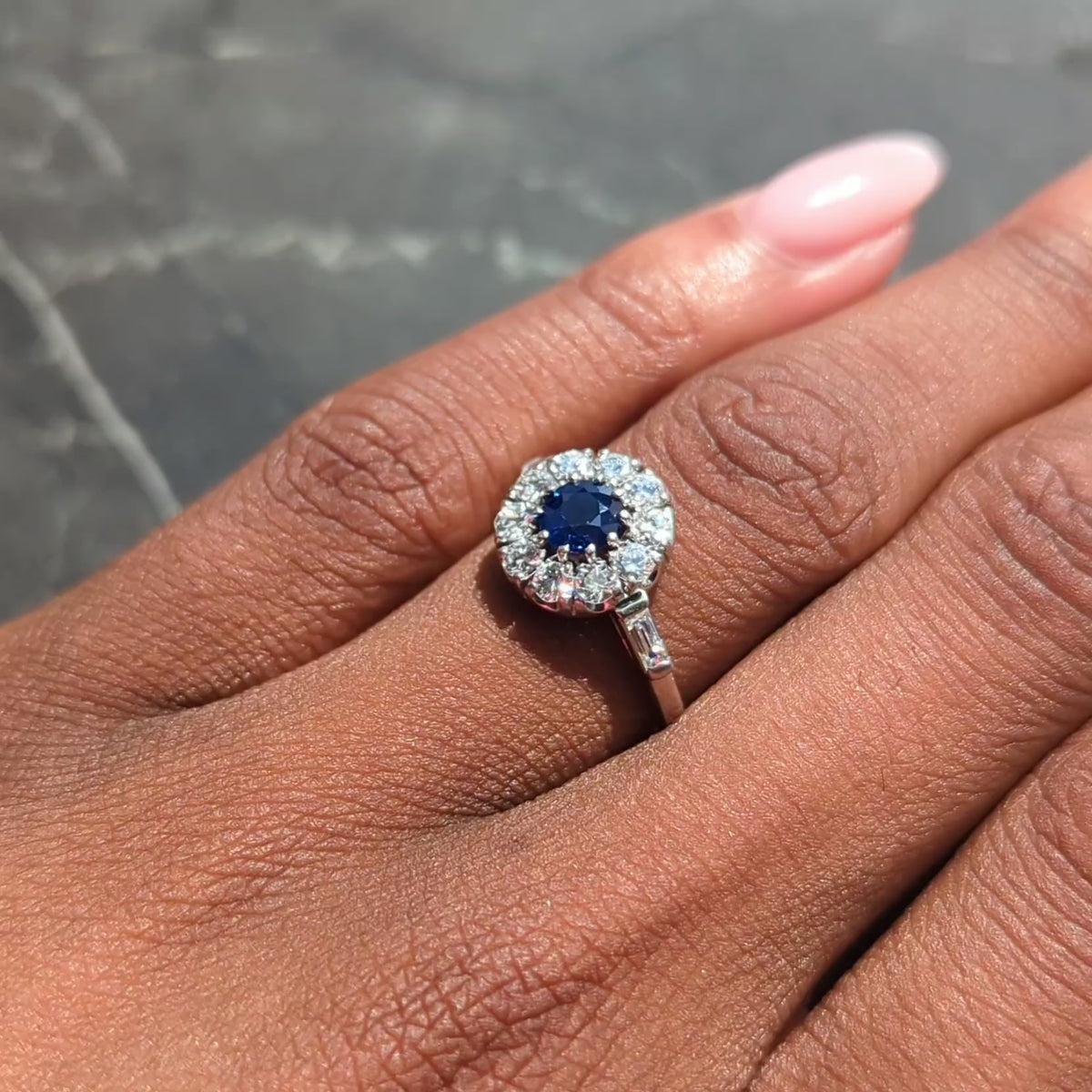 Mid-Century 1.82 CTW Round Cut Sapphire Diamond Platinum Vintage Halo Ring