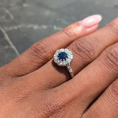 Mid-Century 1.82 CTW Round Cut Sapphire Diamond Platinum Vintage Halo Ring