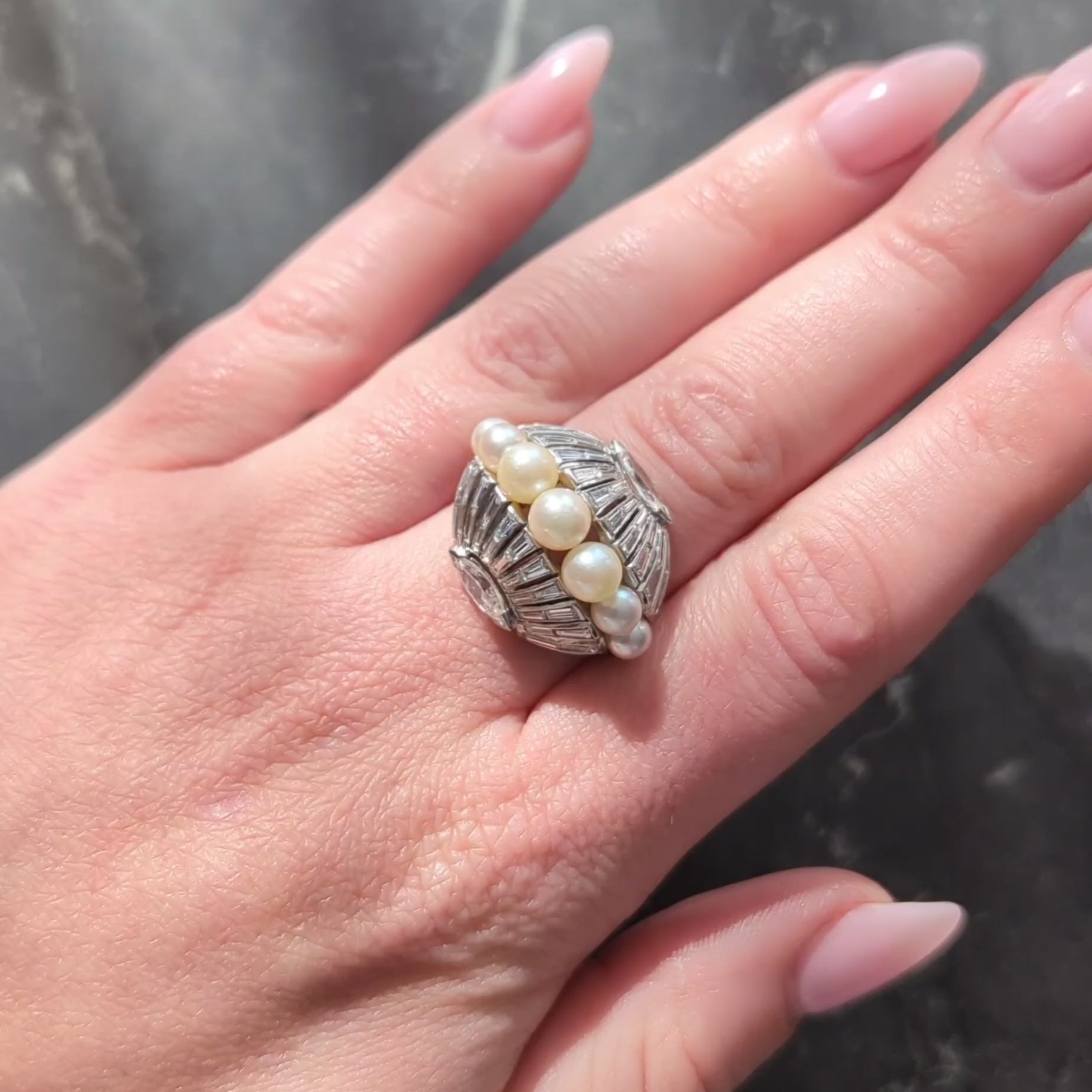Mid-Century Modernist Pearl Diamond Platinum Vintage Fanning Cocktail Ring
