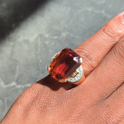 French 1939 Citrine Diamond 18 Karat Rose Gold Platinum Vintage Cocktail Ring