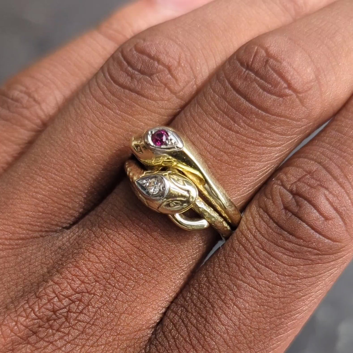 Vintage Ruby Diamond 14 Karat Two-Tone Gold Lovers Knot Unisex Snake Band Ring