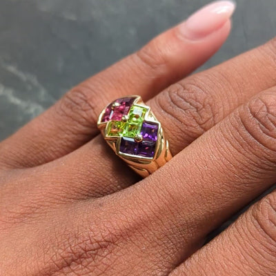 Bulgari 1980 Amethyst Peridot Tourmaline 18K Yellow Gold Vintage Statement Ring