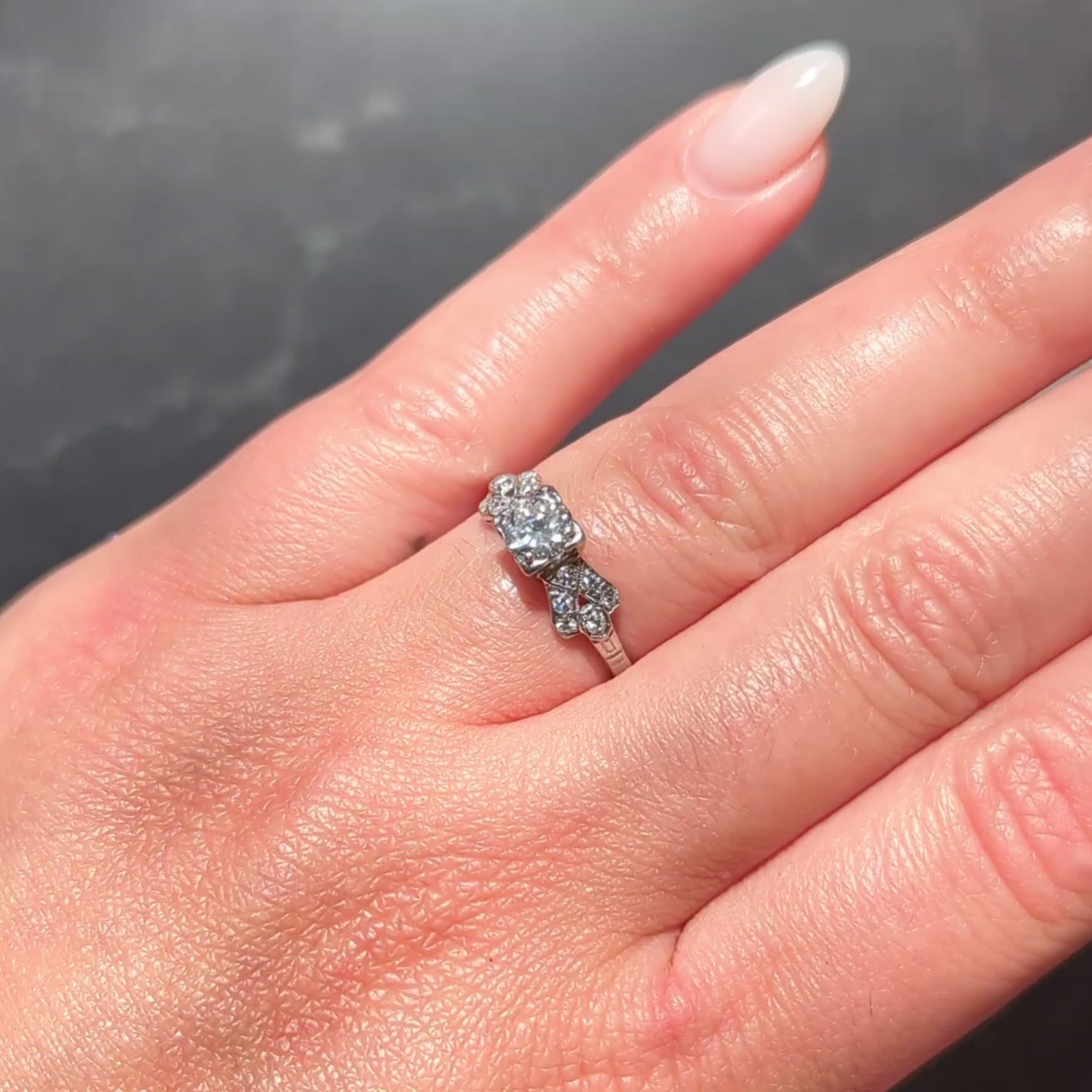 Art Deco 0.64 CTW Transitional Cut Diamond Platinum Buckle Engagement Ring