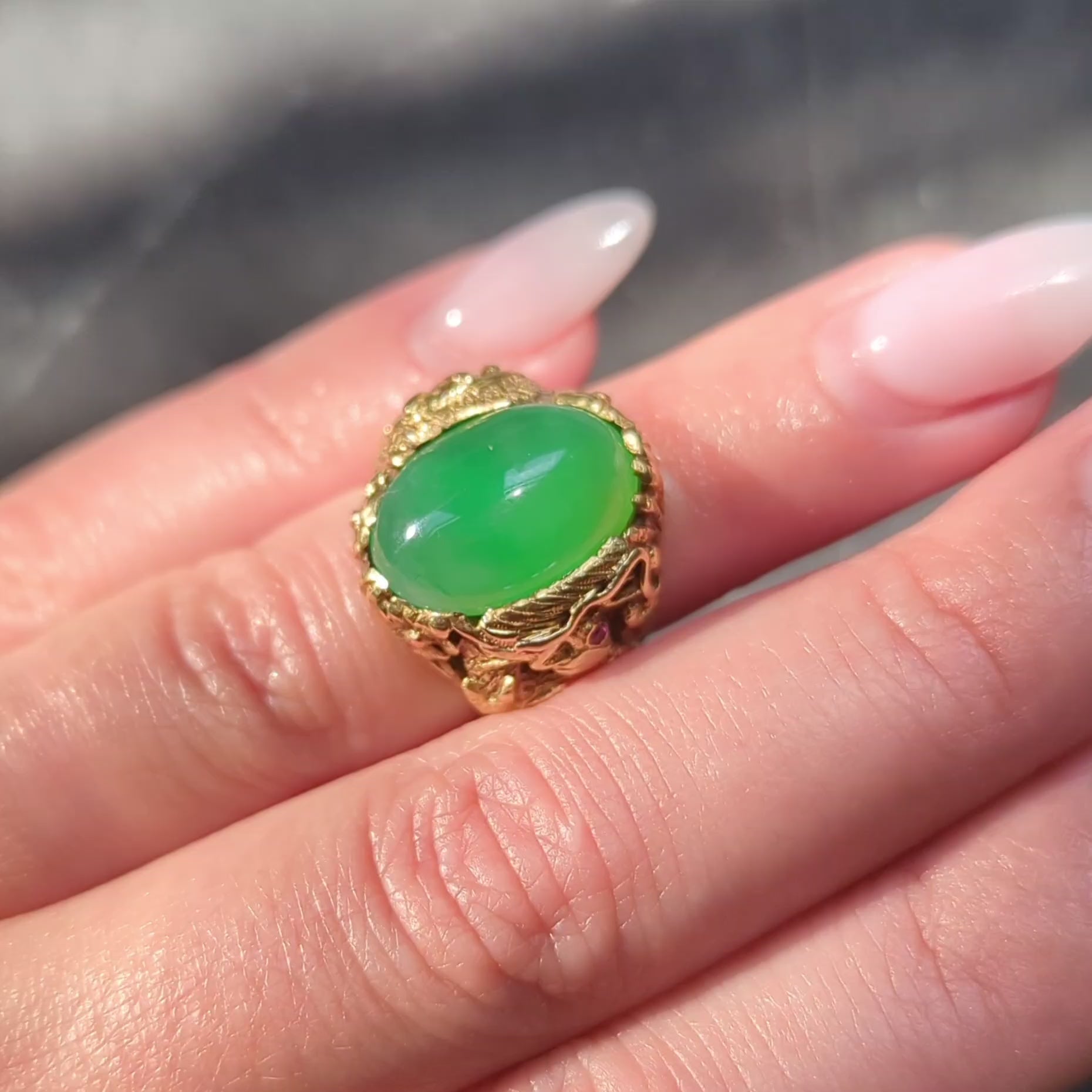 Art Nouveau Jadeite Jade Ruby 18 Karat Yellow Gold Dragon Antique Ring GIA