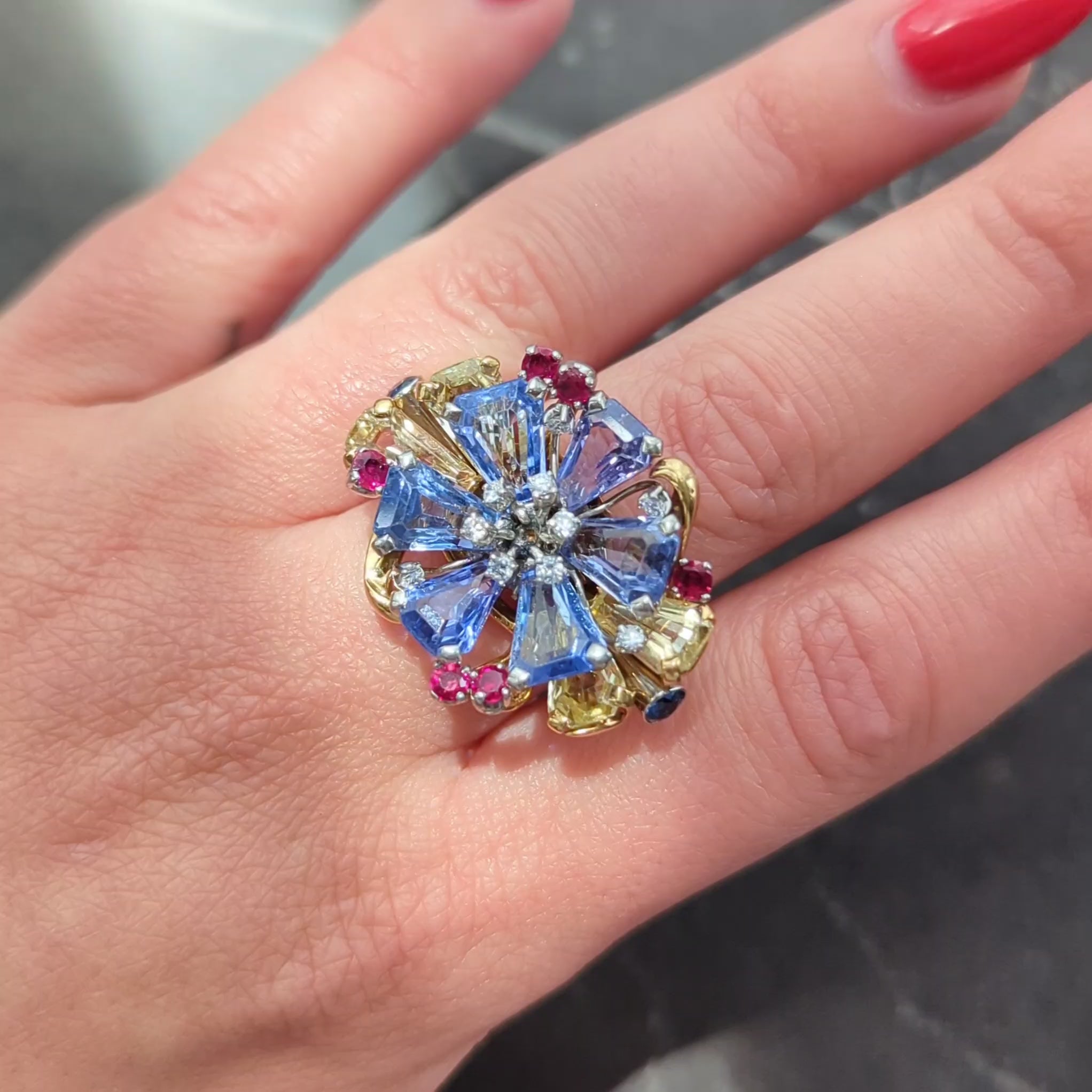Tiffany & Co. 1940s Retro Sapphire Diamond 18K Gold Vintage Floral Cocktail Ring