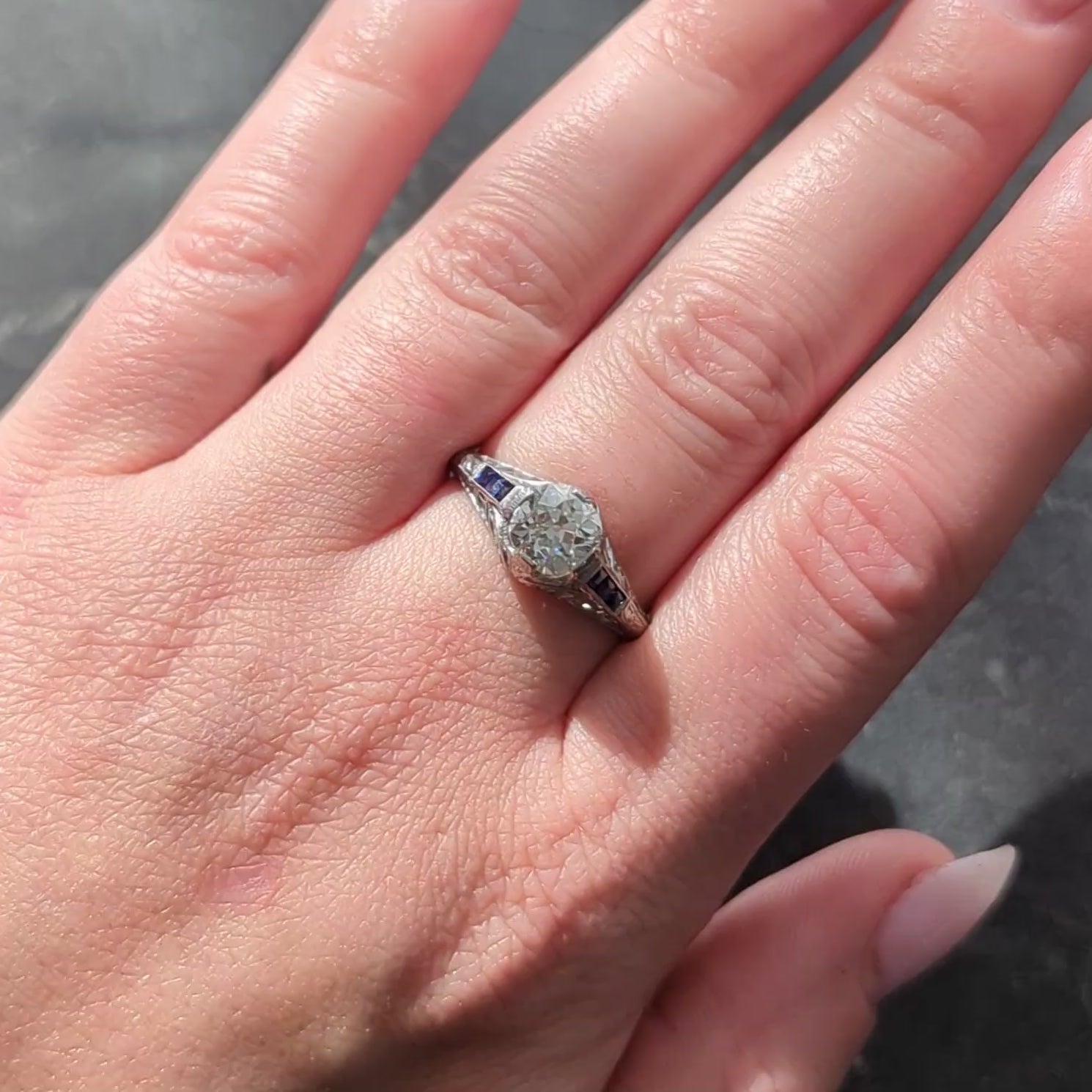 Art Deco 1.52 CTW Old Mine Cut Diamond Sapphire Platinum Vintage Engagement Ring