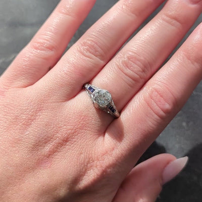 Art Deco 1.52 CTW Old Mine Cut Diamond Sapphire Platinum Vintage Engagement Ring