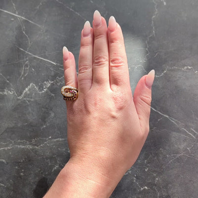 Mid-Century 1.35 CTW Ruby Diamond Platinum Vintage Double Horseshoe Ring