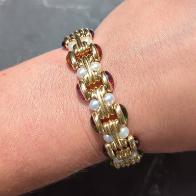 Bulgari 1980's Multi-Gem Citrine Pearl 18K Yellow Gold Vintage Link Bracelet