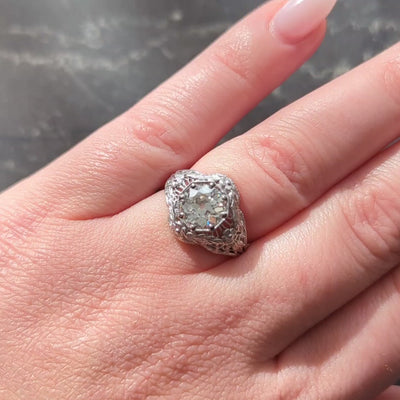 Art Deco Old European Cut Diamond 18K White Gold Floral Vintage Engagement Ring