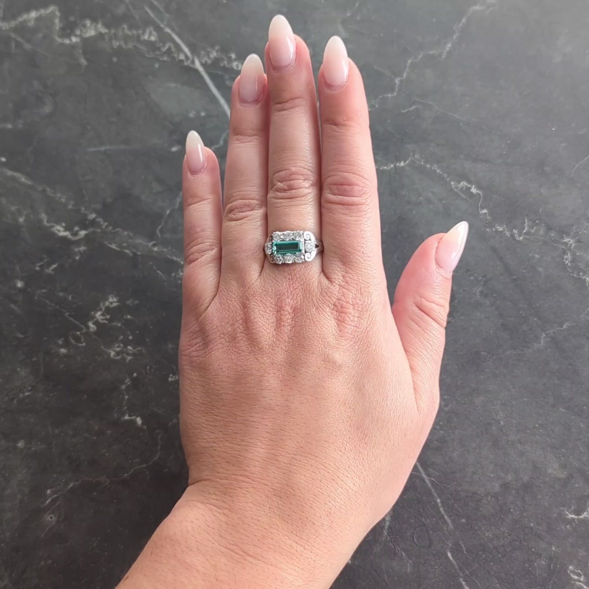 Mid-Century 2.14 Emerald Diamond Platinum Vintage Scroll Ring