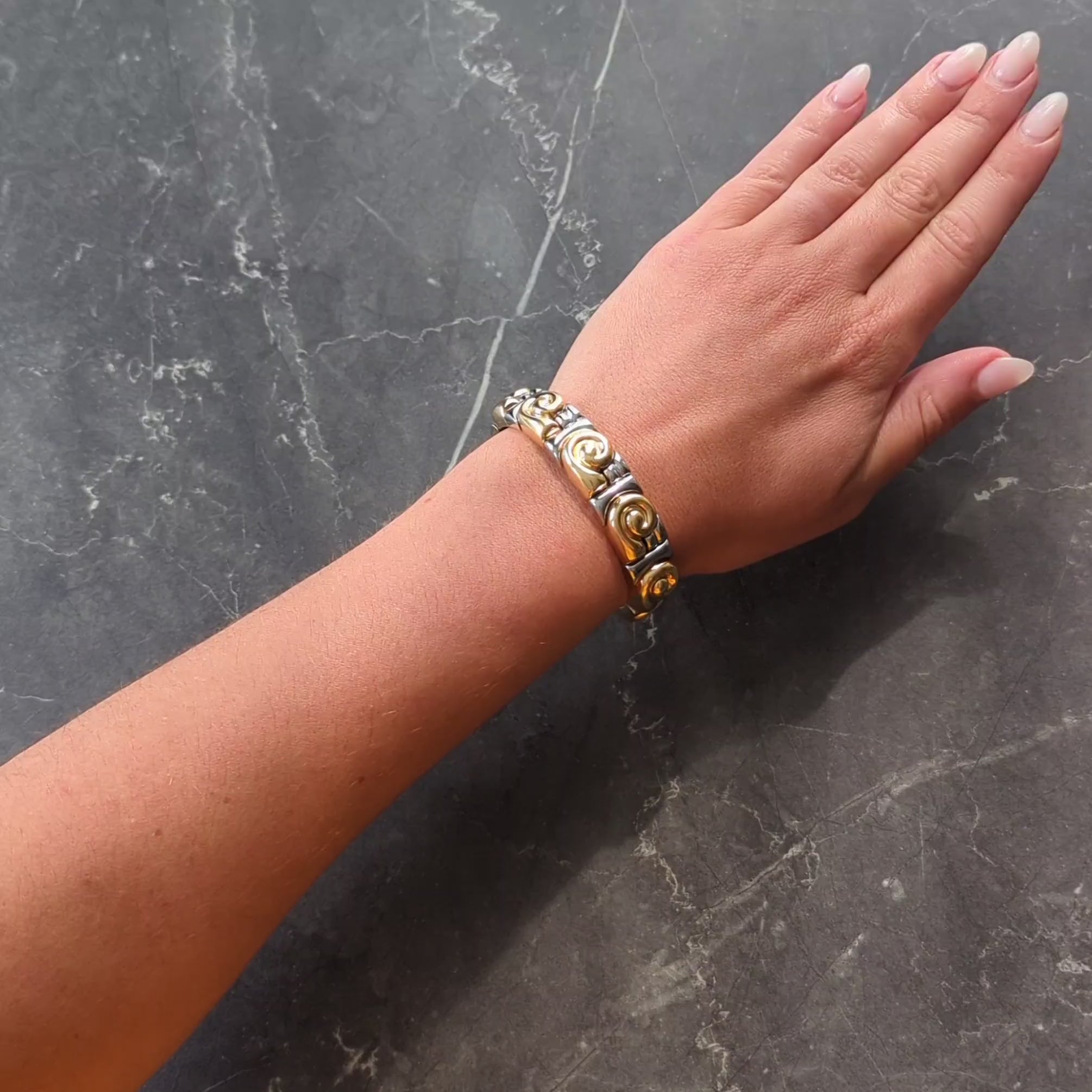 Bulgari 1990's 18K Gold Stainless Steel Vintage Saetta Swirl Cuff Bracelet