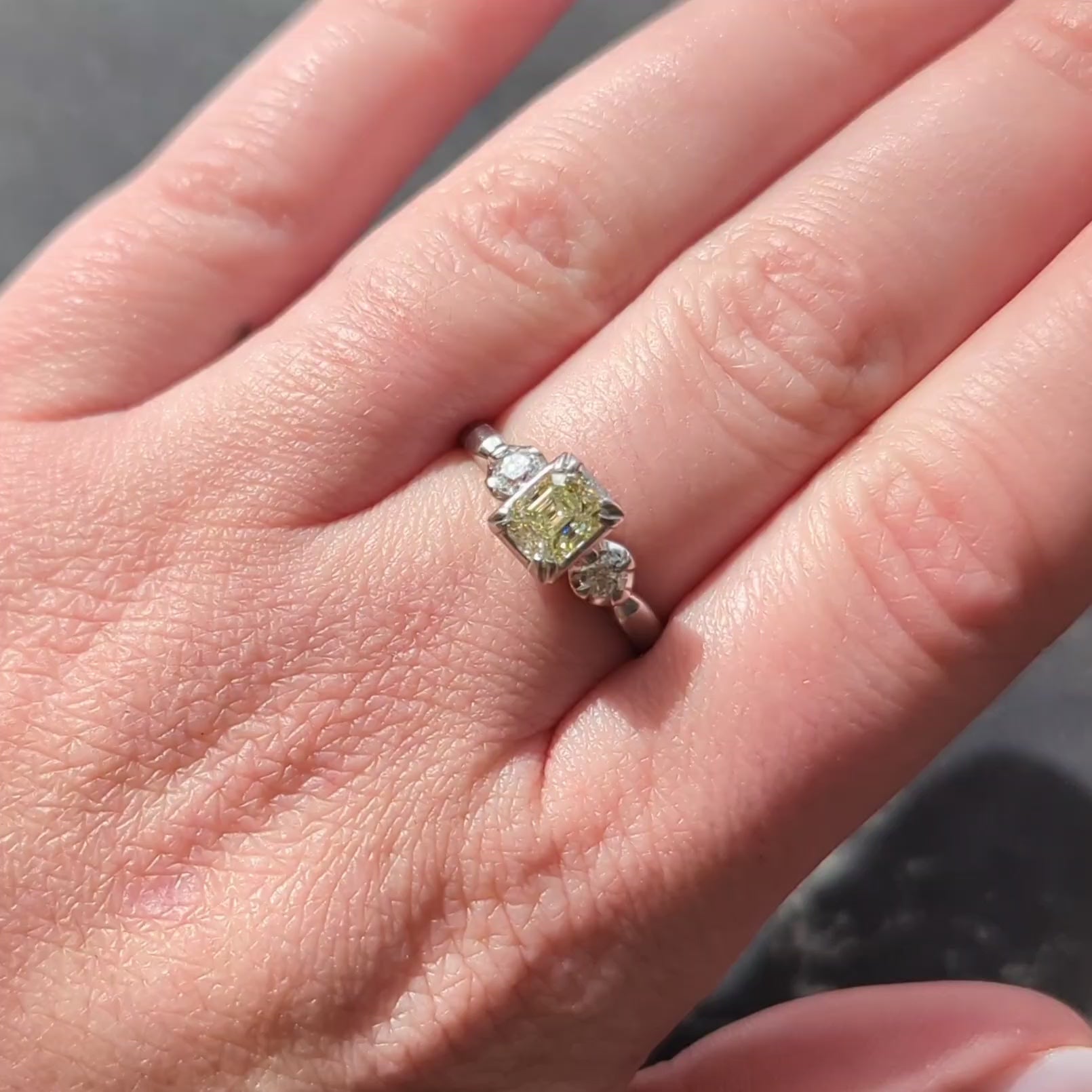 1950's 0.95 CTW Fancy Yellow Asscher Diamond Platinum Vintage Engagement Ring