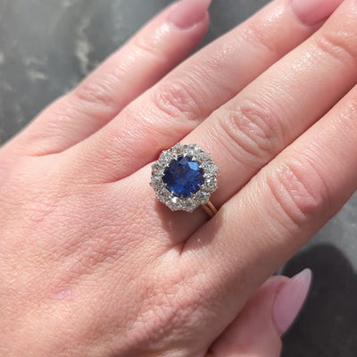 Edwardian 5.13 CTW No Heat Ceylon Sapphire Diamond 14K Antique Halo Ring GIA