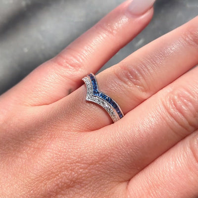 Contemporary French Cut Sapphire Diamond 14K Gold Chevron Contour Band Ring