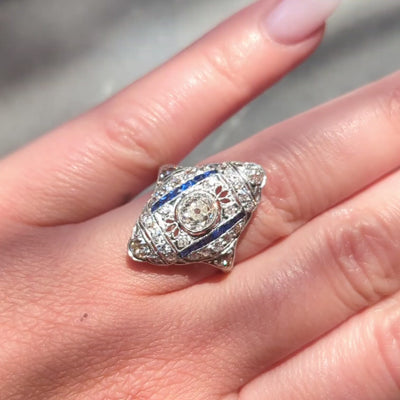 Art Deco 2.33 CTW Diamond Sapphire Platinum Vintage Foliate Navette Dinner Ring