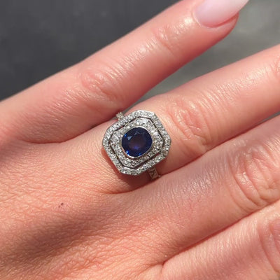 Art Deco 2.50 CTW Sapphire Diamond Platinum Vintage Double Halo Dinner Ring
