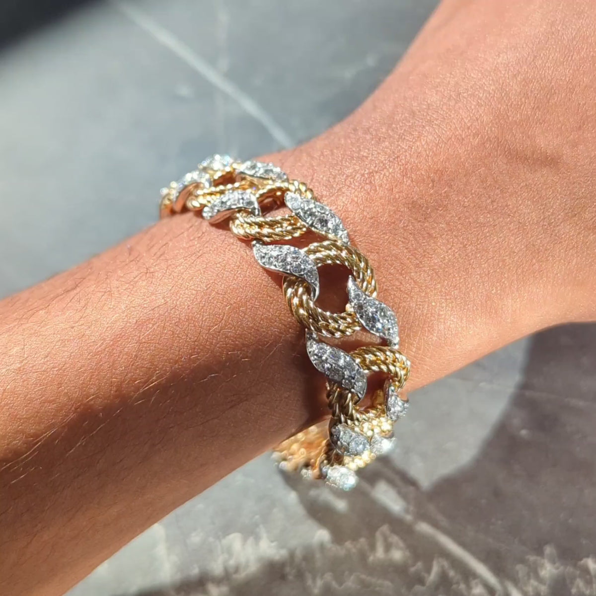 Mauboussin Paris 1950's Diamond 18K Gold Platinum Vintage Twist Link Bracelet