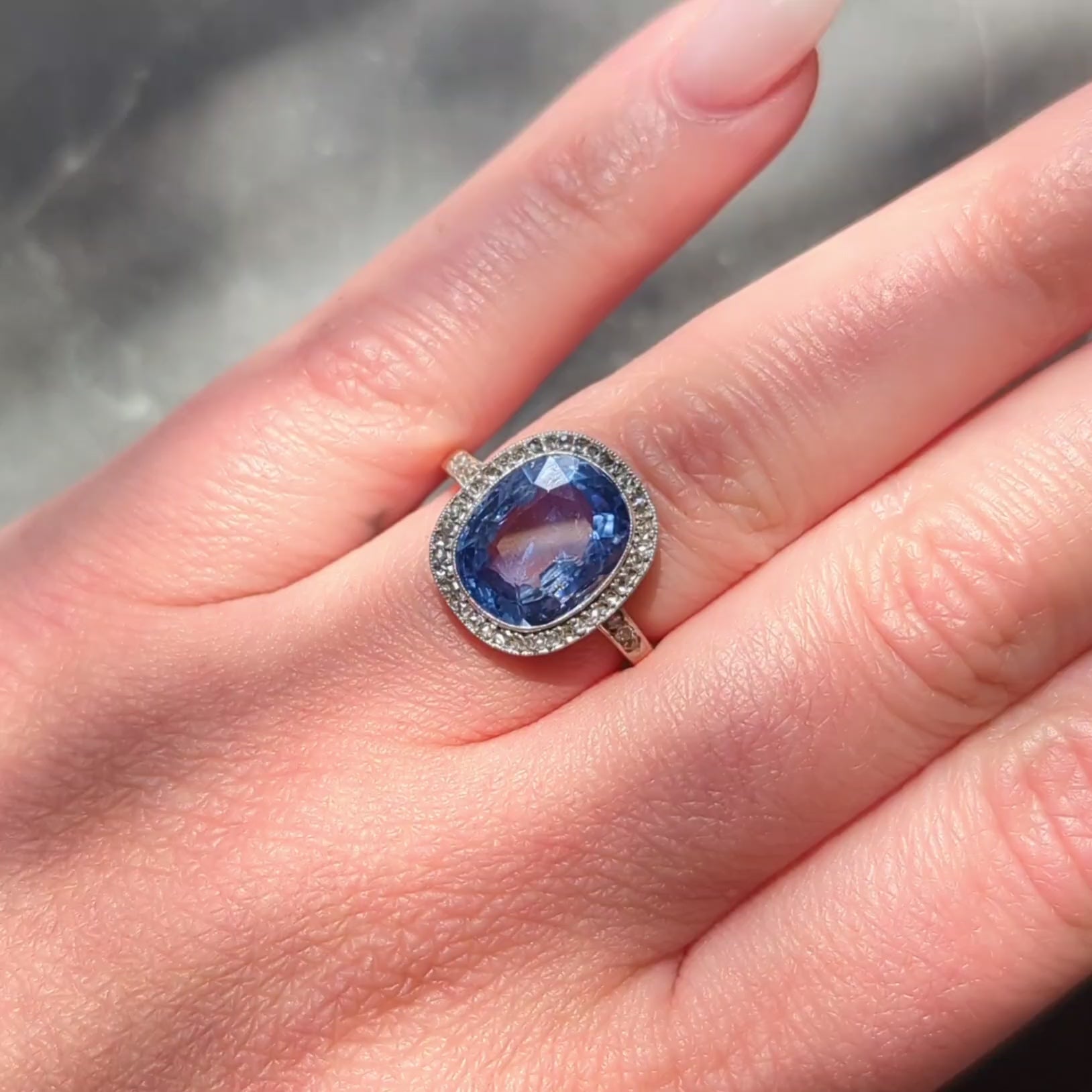 Edwardian Diamond Sapphire 14 Karat Yellow Gold Platinum Antique Halo Ring GIA