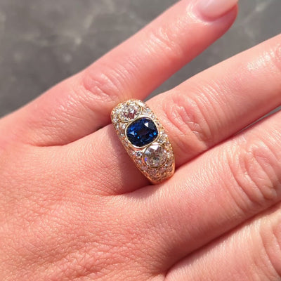 1980's No Heat Sapphire Diamond 18 Karat Yellow Gold Vintage Bombé Ring GIA