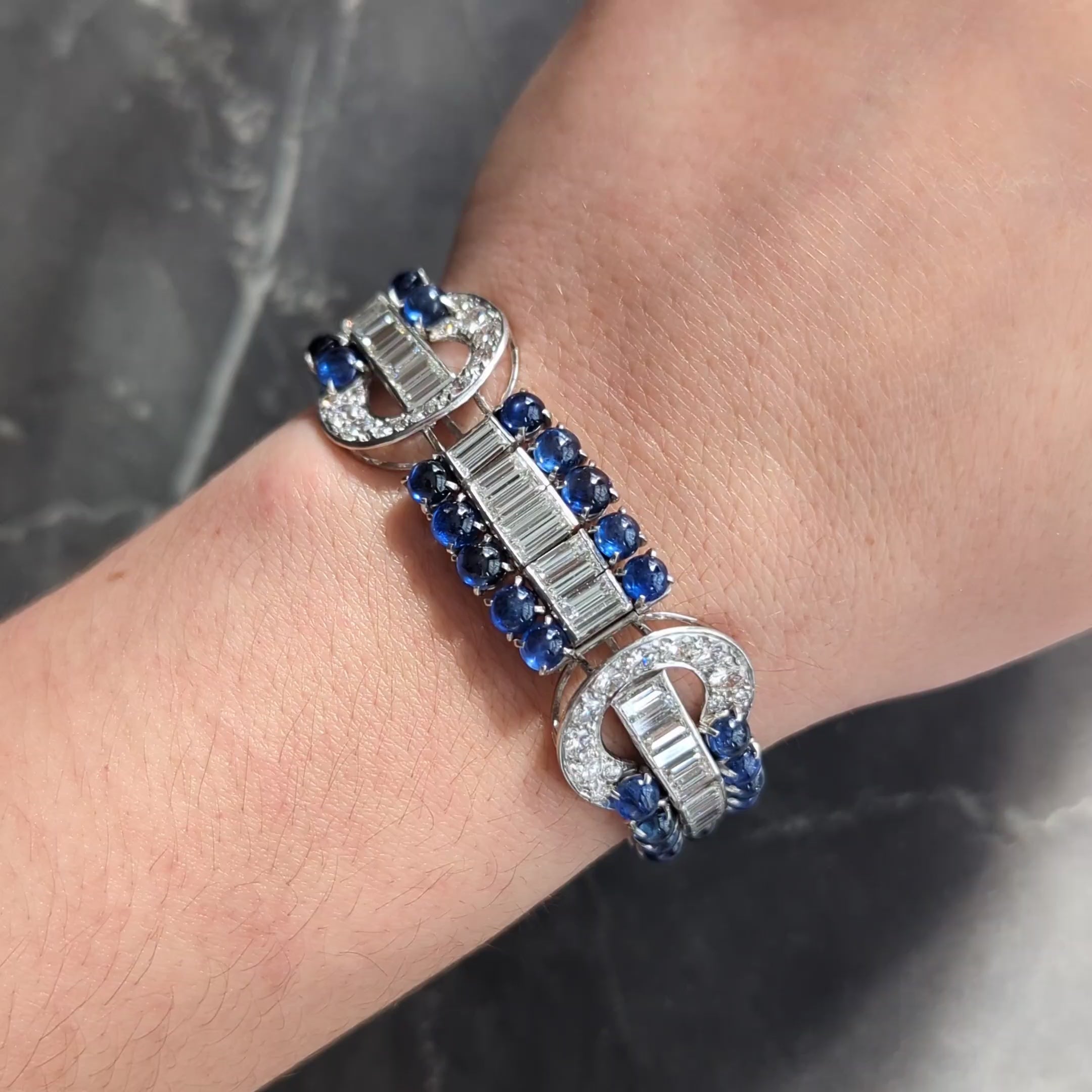Art Deco 35.50 CTW Sapphire Diamond Platinum Vintage Buckle Line Bracelet