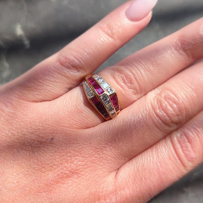 Oscar Heyman 1980's Ruby Diamond 18 Karat Yellow Gold Vintage Channel Band Ring