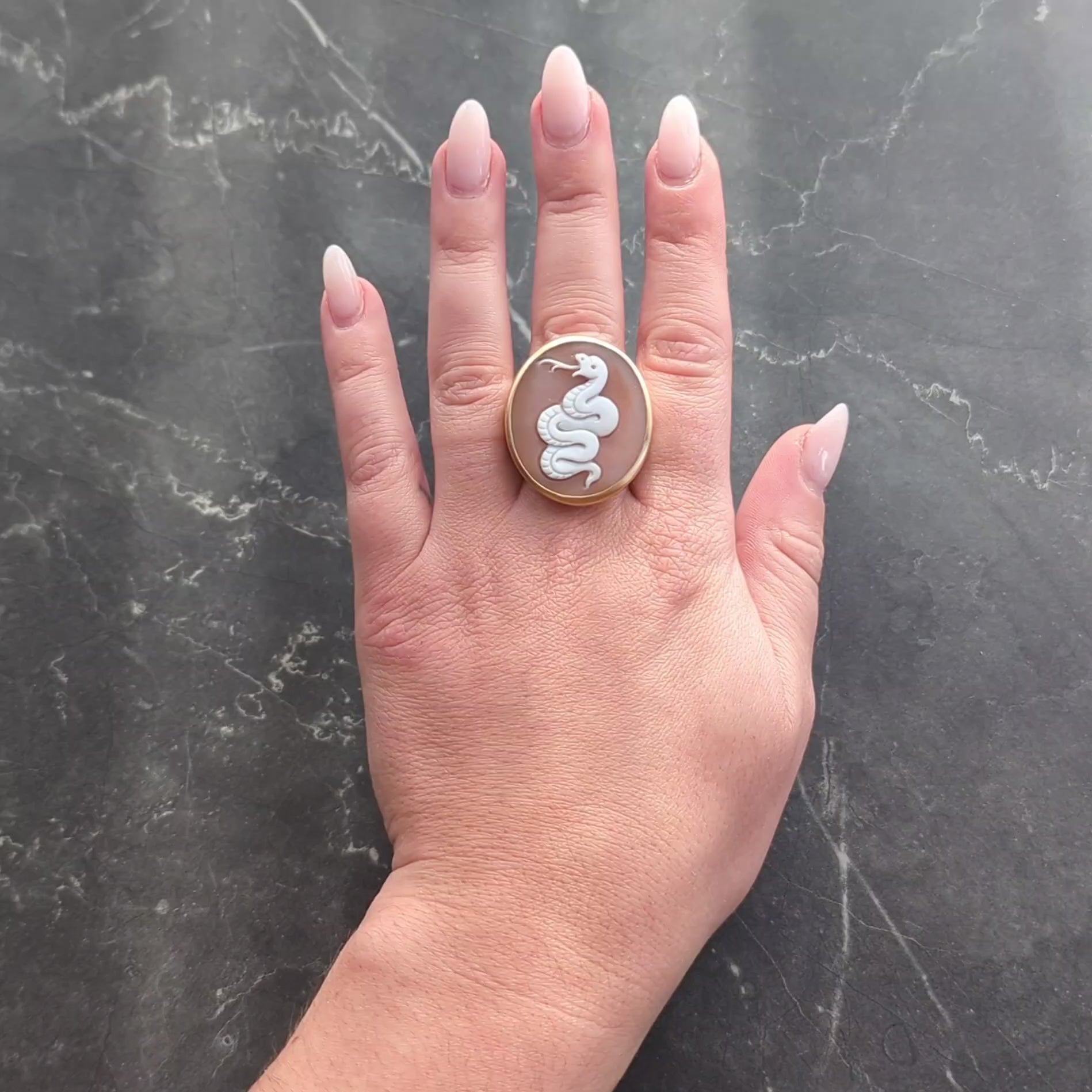 Pomellato Carved Shell 18 Karat Rose Gold Eva Snake Cameo Signet Ring