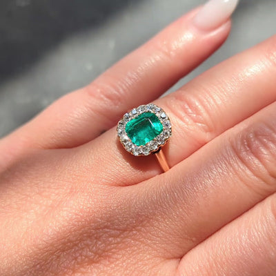 Victorian 2.51 CTW Colombian Emerald Diamond 14K Gold Antique Halo Ring GIA