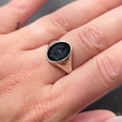 Onyx 14 Karat White Gold Double Novena Heart Unisex Intaglio Signet Ring