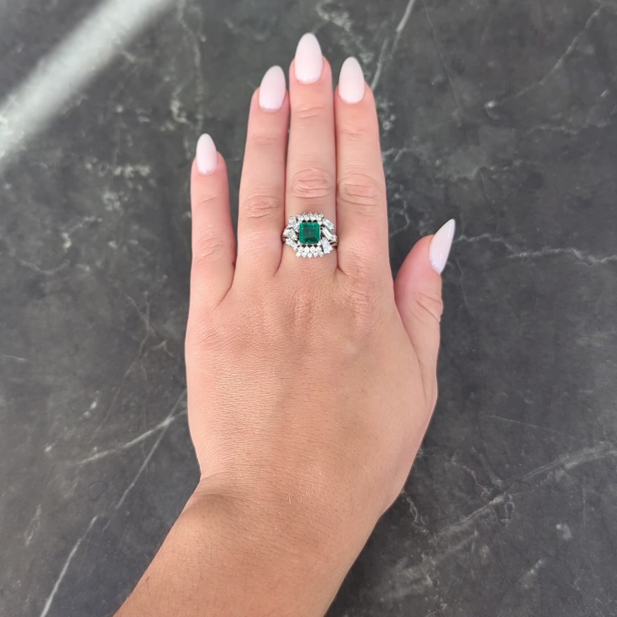 Mid-Century 2.79 CTW Colombian Emerald Diamond Platinum Vintage Cluster Ring GIA