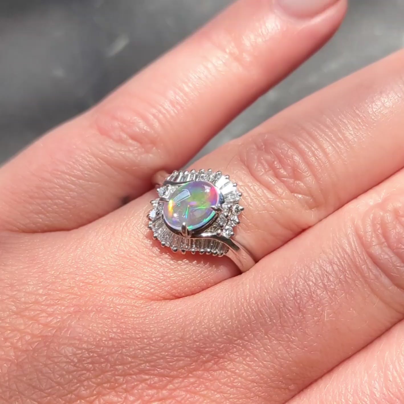 Contemporary Jelly Opal Diamond Platinum Swirl Bypass Cluster Ring