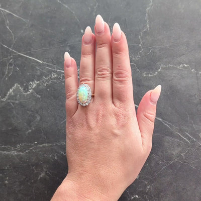 Mid-Century Diamond Opal Platinum 14 Karat Gold Vintage Halo Ring