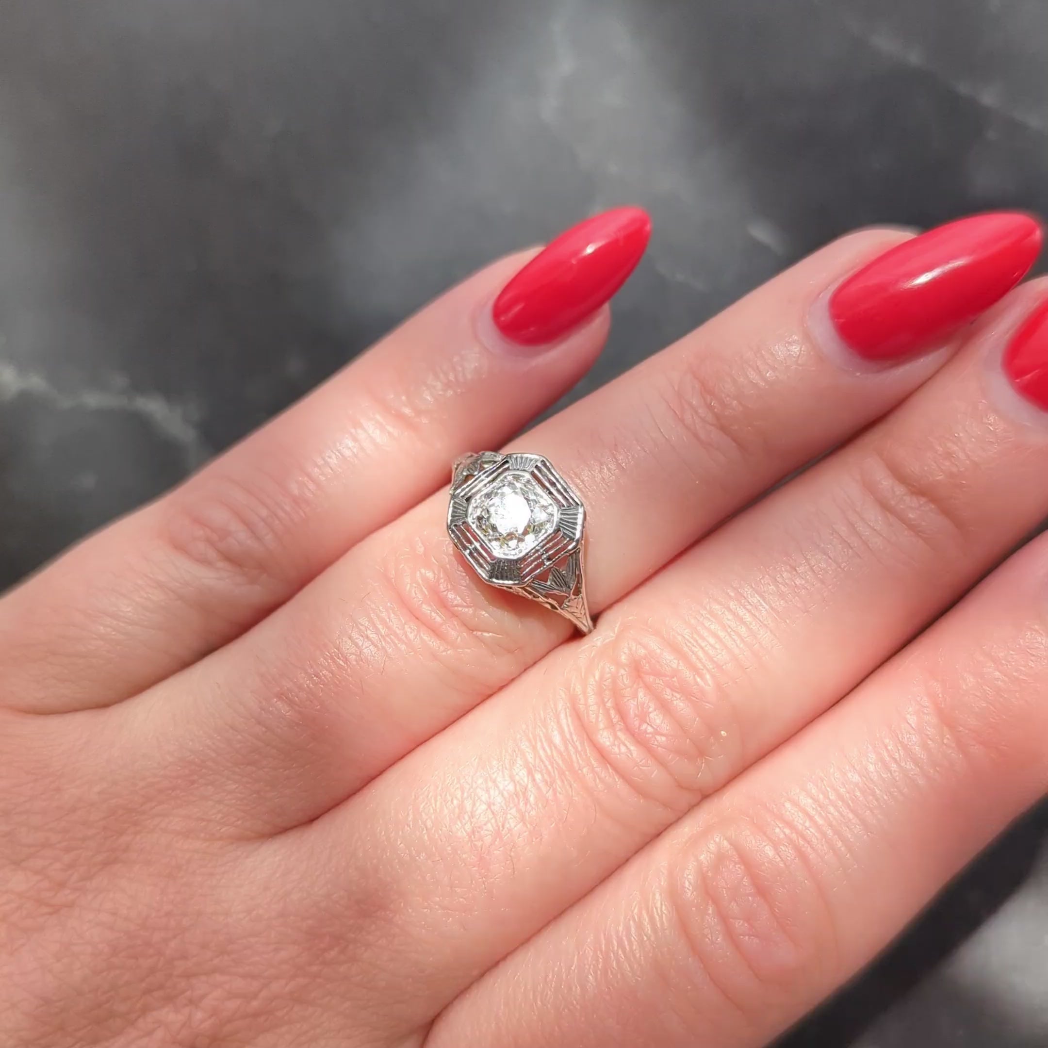 Art Deco 0.87 CTW Old Mine Cut Diamond Platinum Lotus Vintage Engagement Ring