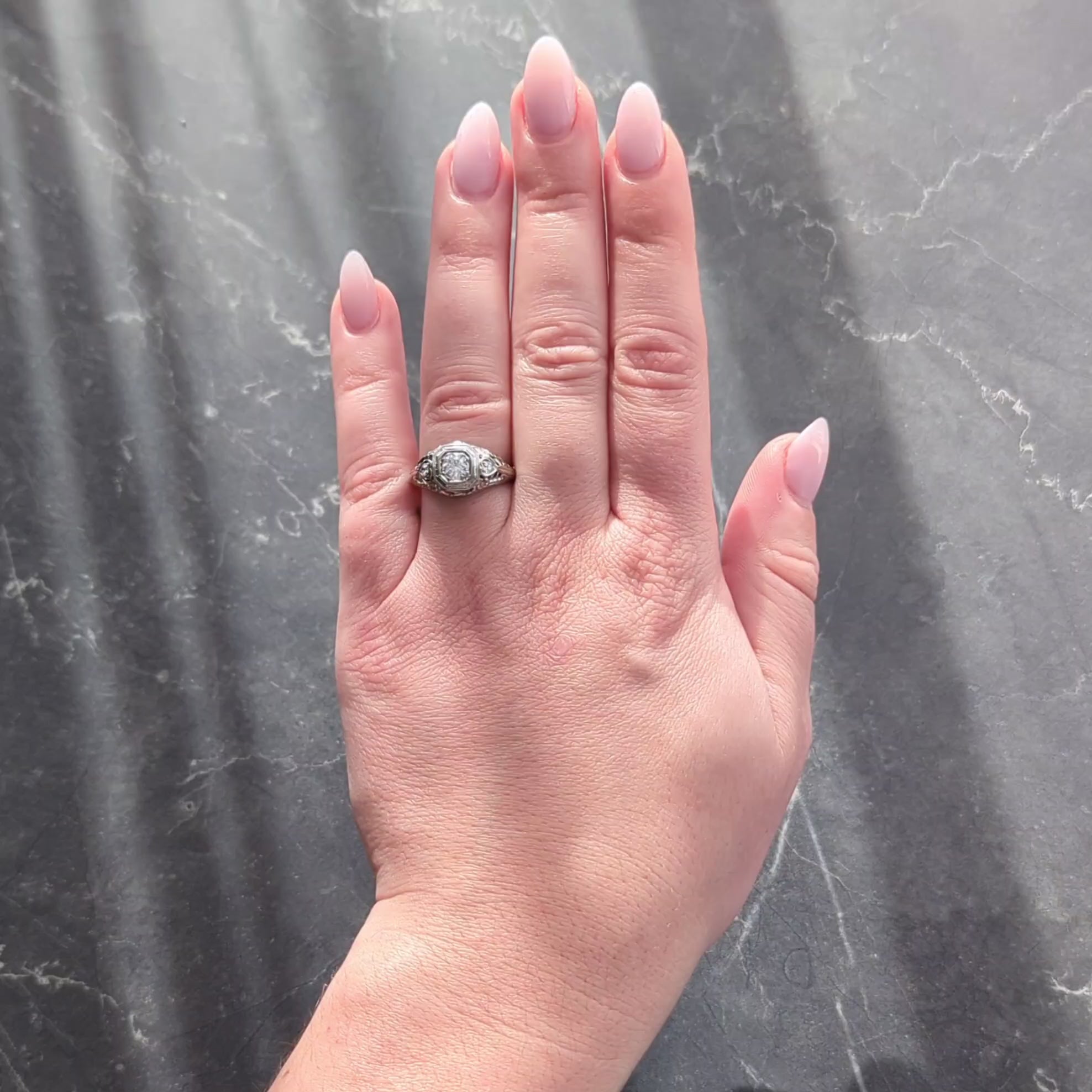 Art Deco Old European Diamond 18K White Gold Antique Heart Engagement Ring