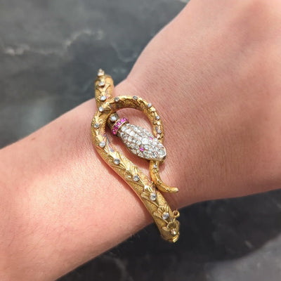 Victorian 2.53 CTW Diamond Ruby 14K Yellow Gold Antique Snake Bangle Bracelet