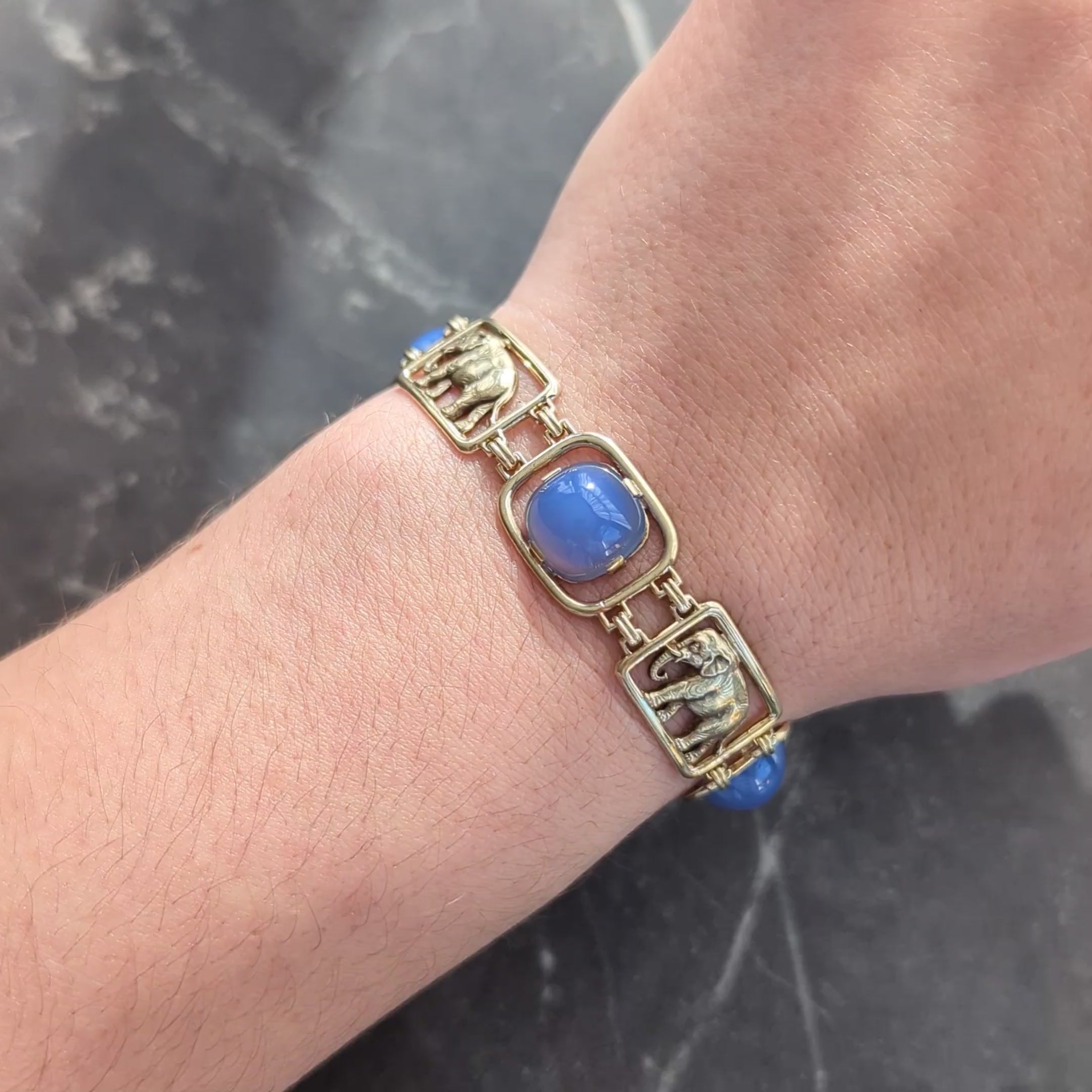 Carter Gough & Co. Art Deco Blue Chalcedony 14K Gold Vintage Elephant Bracelet