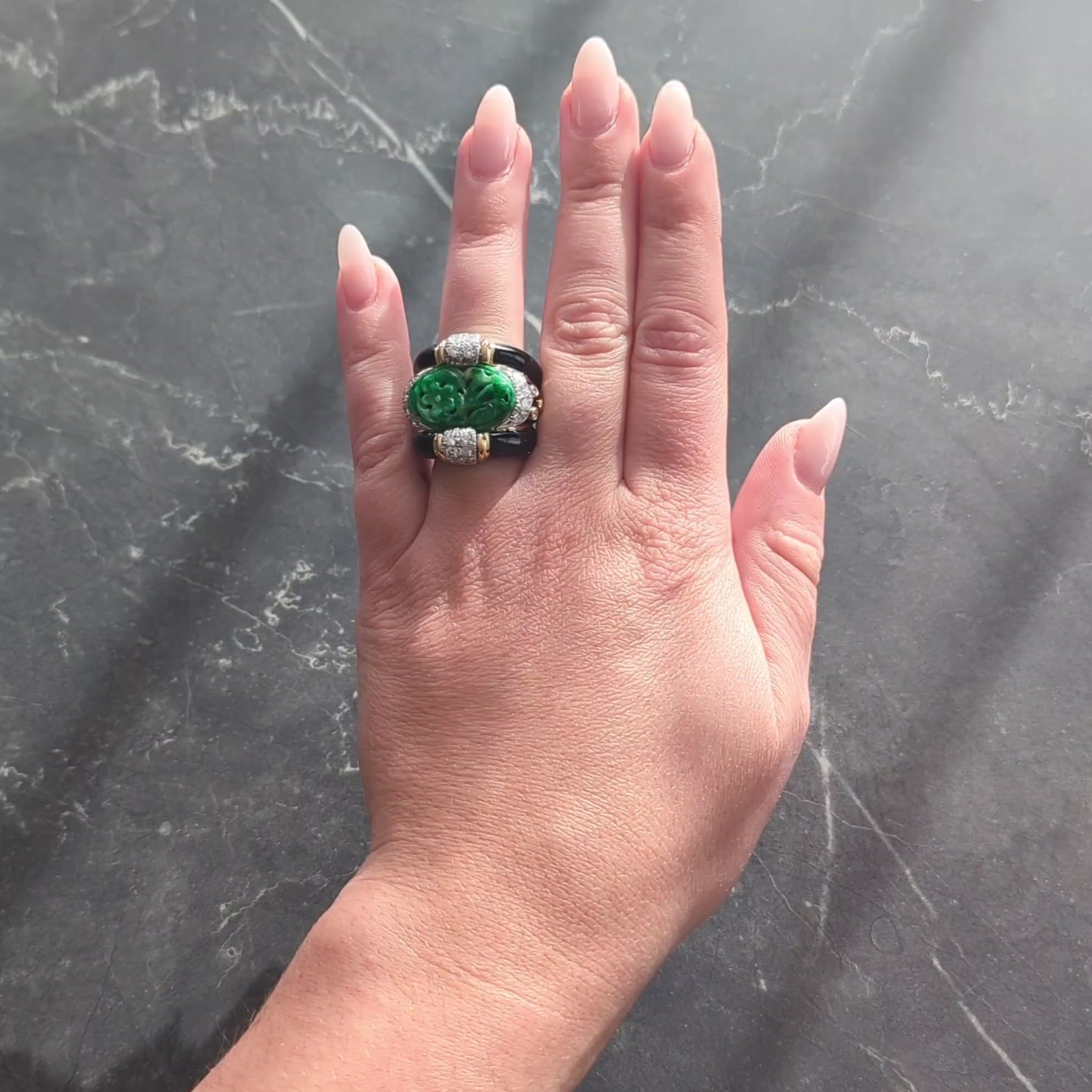 David Webb 1980's Jade Diamond Enamel Platinum 18K Gold Floral Vintage Band Ring