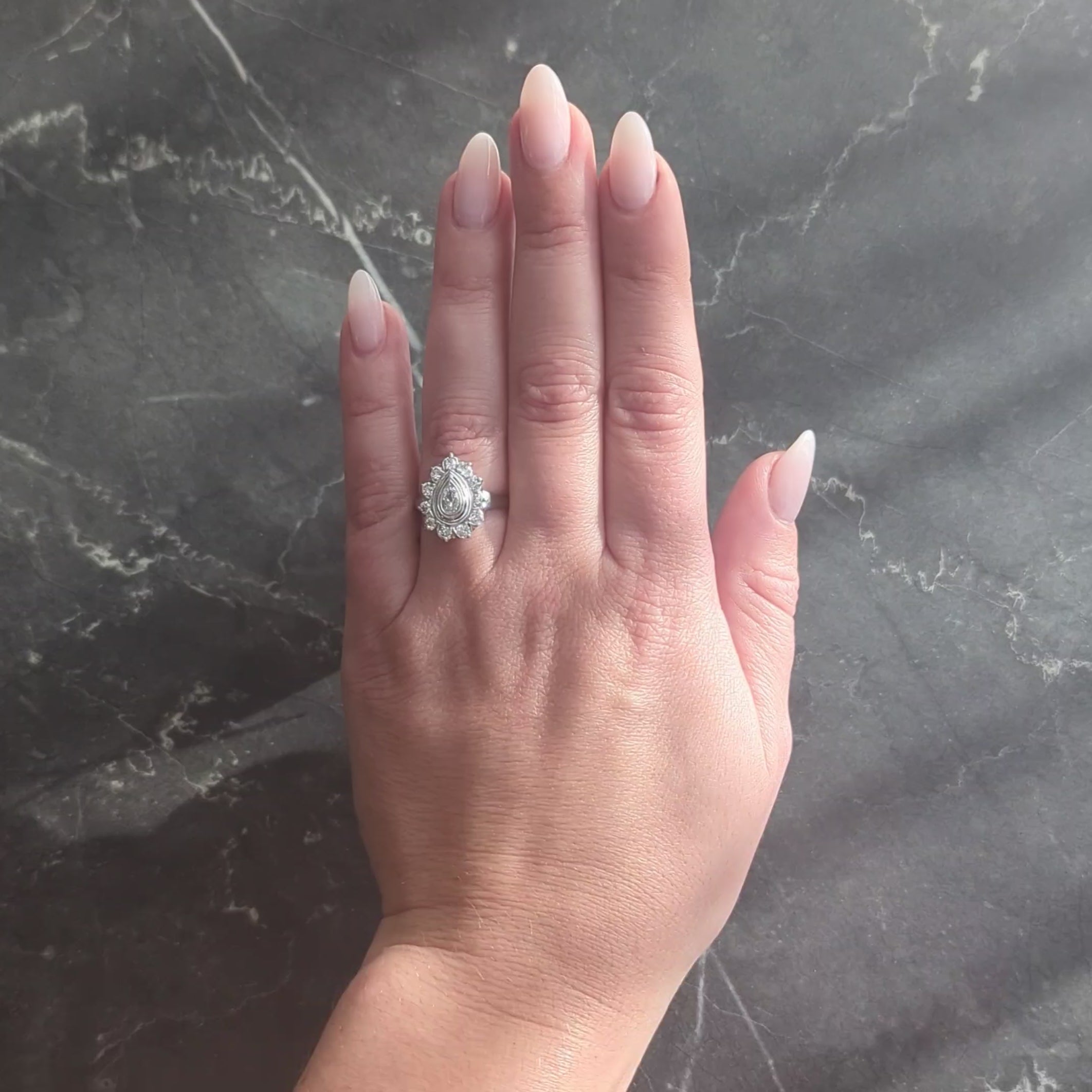 Mid-Century 0.88 CTW Pear Cut Diamond Platinum Vintage Halo Ring