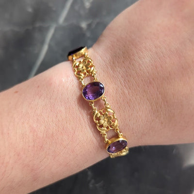 Art Nouveau Amethyst 14 Karat Yellow Gold Antique Floral Link Bracelet