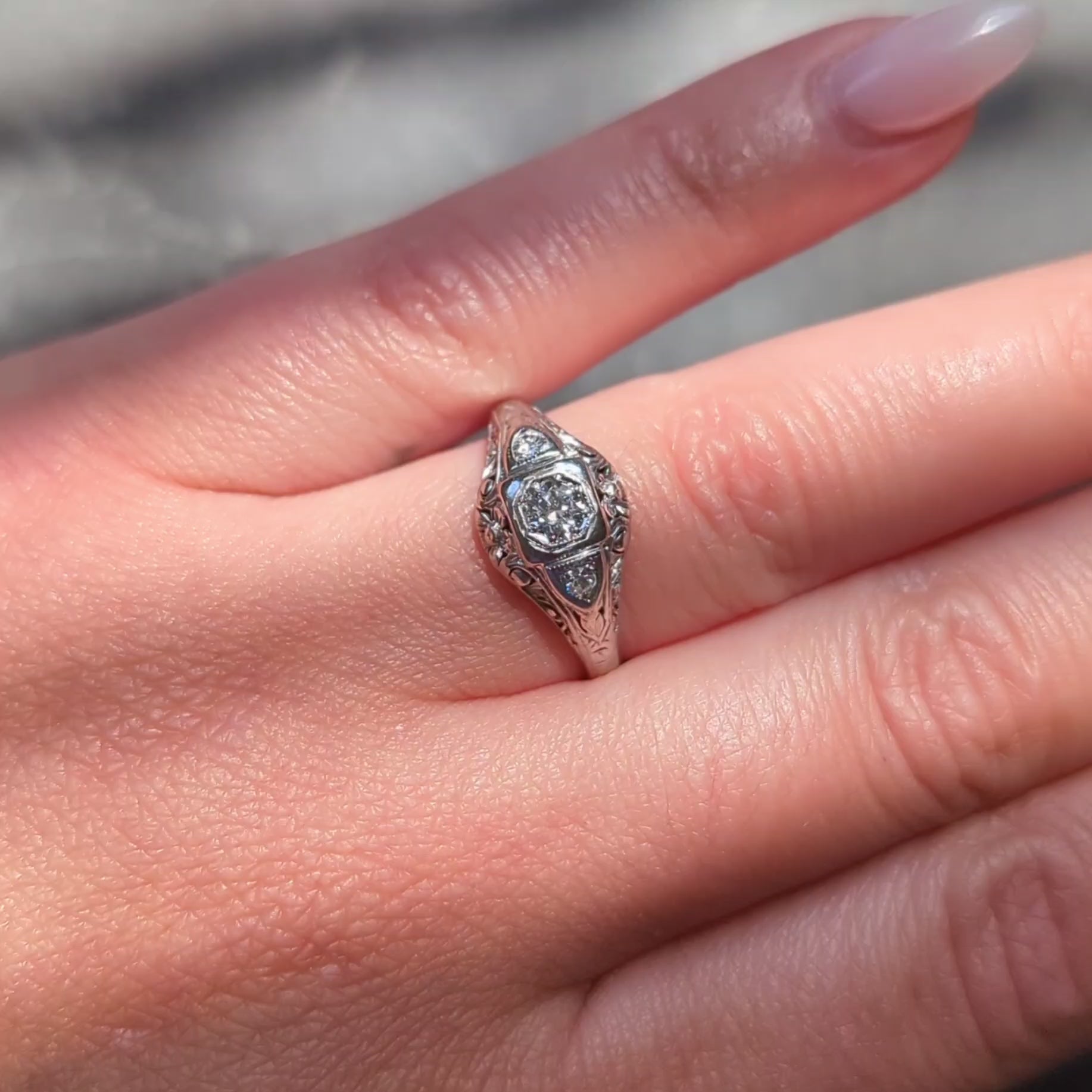Belais Art Deco European Diamond 18K Gold Antique Orange Blossom Engagement Ring