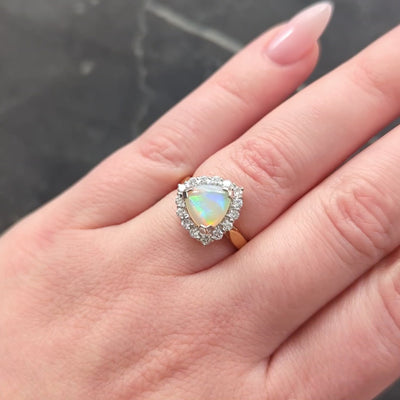 1980's Opal Diamond 18 Karat Yellow White Gold Triangular Vintage Halo Ring