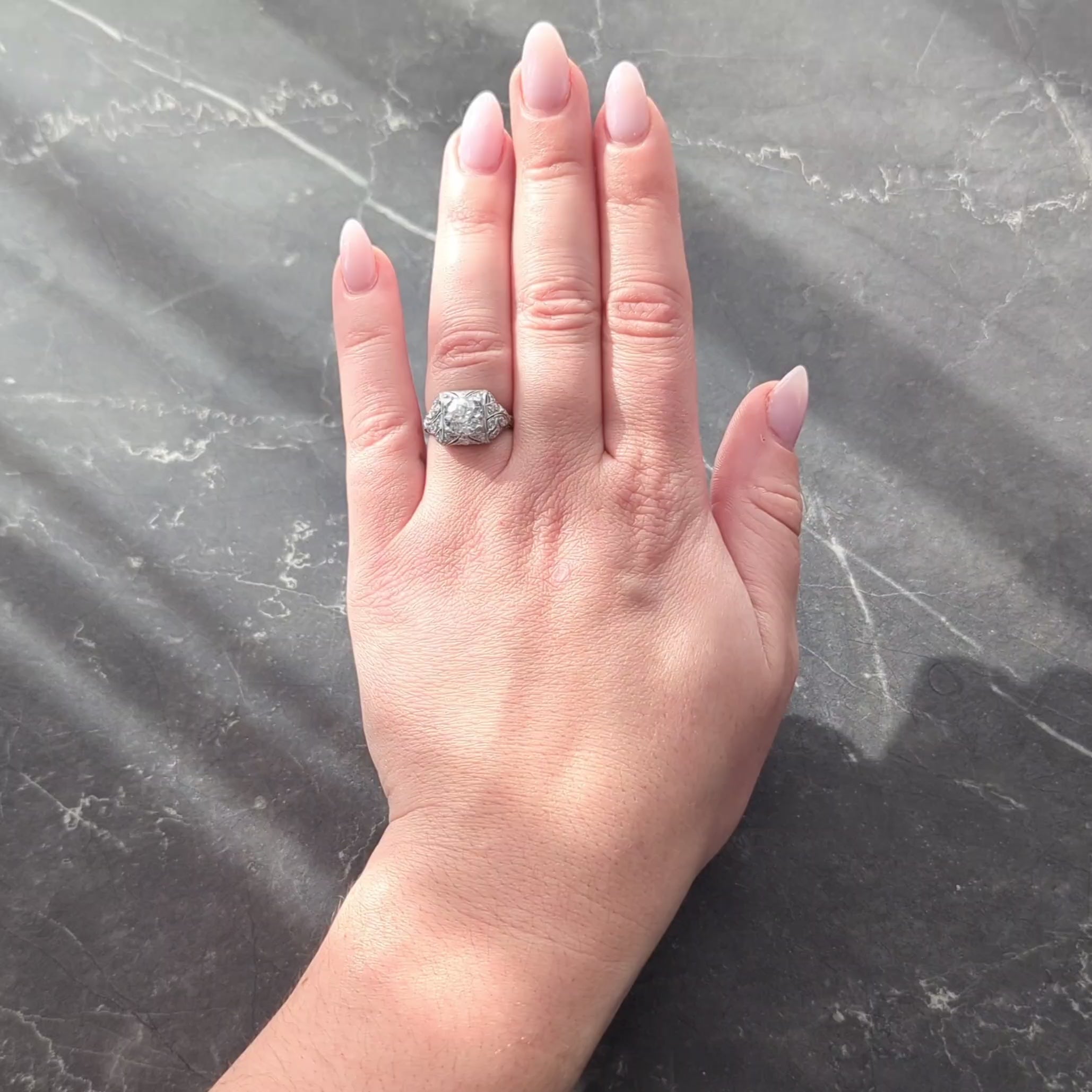 Art Deco 2.03 CTW Old European Diamond Platinum Foliate Vintage Engagement Ring