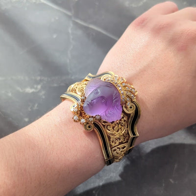 Victorian French Diamond Amethyst Enamel 18K Gold Carved Queen Bust Bracelet