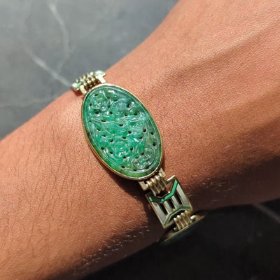 Art Deco Carved Jade Enamel 14 Karat Yellow Gold Fancy Link Vintage Bracelet