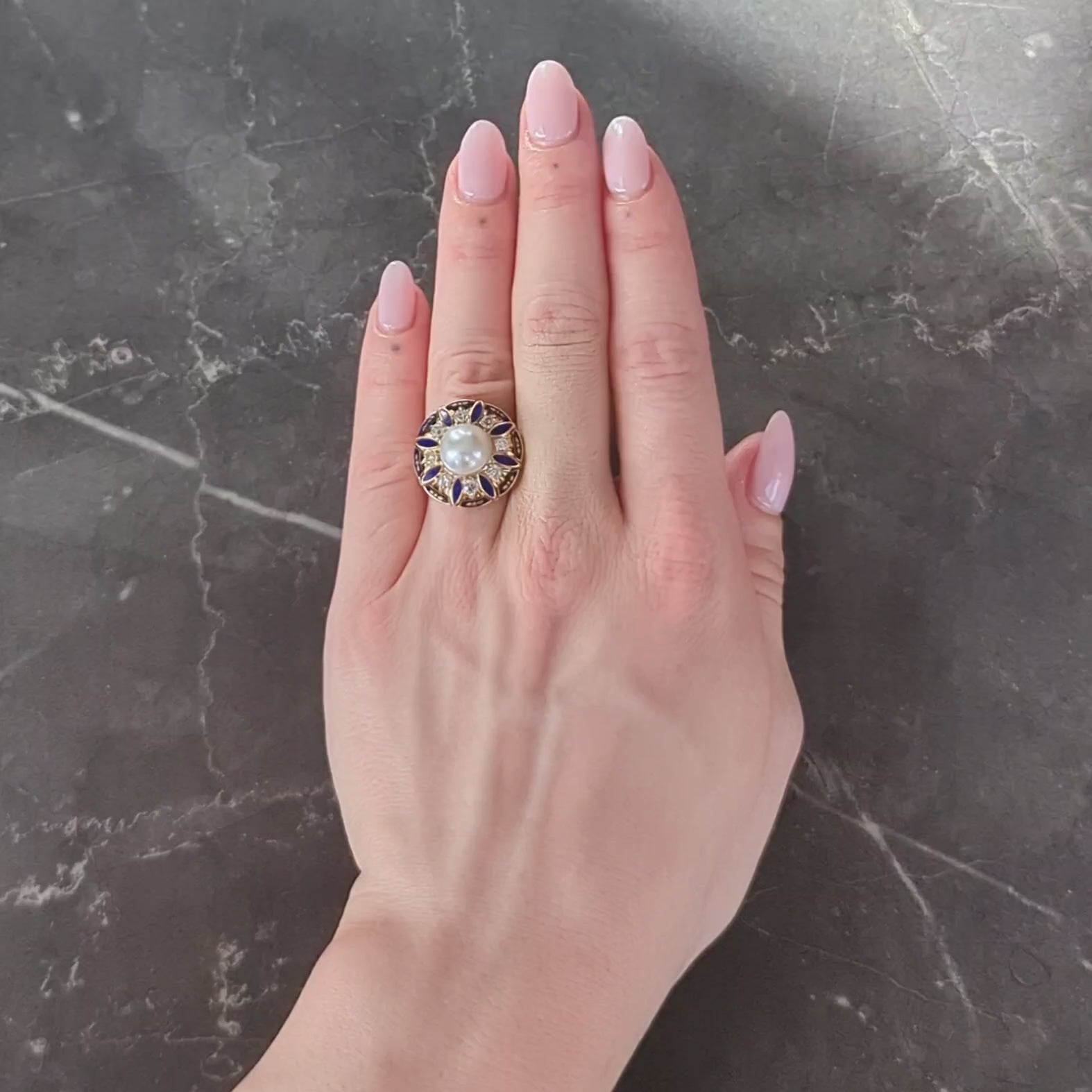 Victorian Revival Pearl Diamond Enamel 14 Karat Gold Vintage Halo Ring