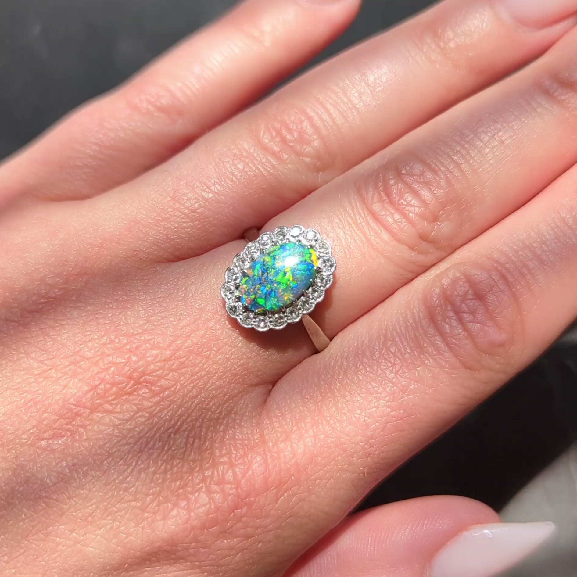 1950's Diamond Opal 18 Karat White Gold Platinum Vintage Halo Ring