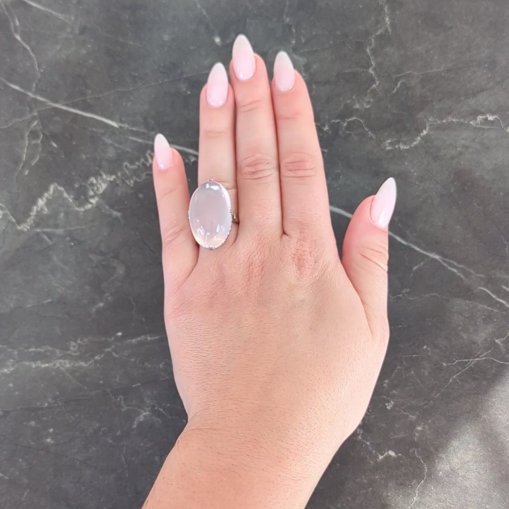 Mid-Century Rose Quartz Cabochon 14 Karat White Gold Vintage Cocktail Ring